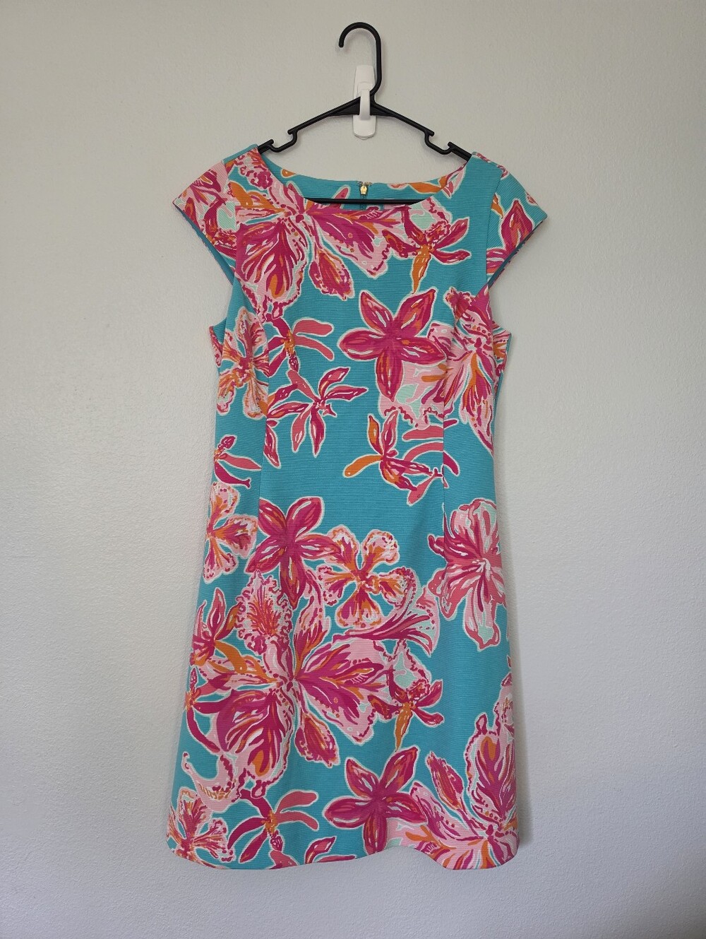 Lilly Pulitzer Turquoise Floral Cap-Sleeve Mini Dress with Pink & Orange Blooms